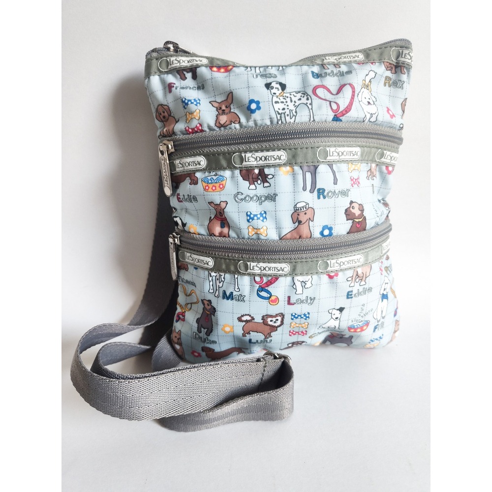 LeSportsac Crossbody Bag Dog Print Names Triple Zip Travel Purse Kasey Blue Gray